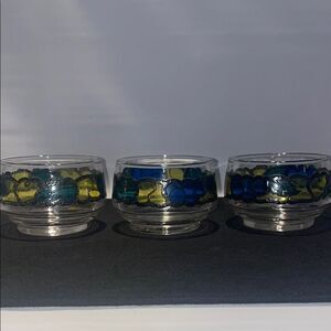 Set of Three Glass Candle Holders with Blue and Yellow Design